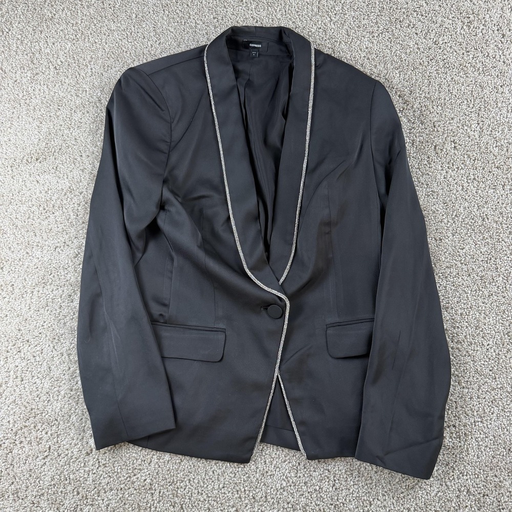 Express Blazer Jacket Womens Small Black Satin Tuxedo Beaded Shawl Collar Lined